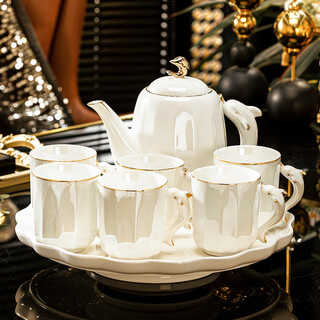 Nine cranes creative jingdezhen tea set light luxury high-end housewarming gift new home cup ceramic kettle living room hospitality water set 8-piece high-end gift box
