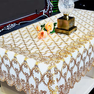 Lucky rabbit tablecloth girl's heart waterproof, anti-scald and anti-oil no-wash dining table mat rectangular plastic coffee table living room peacock flower-gold 80*138cm