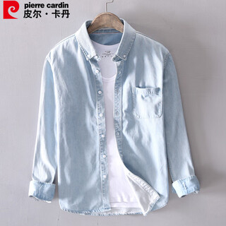 Pierre cardin shirt men's winter skin-friendly soft trendy slim denim long-sleeved top men's denim light blue l size