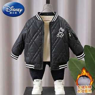 Disney (disney) boys leather jacket 2024 new baby boy autumn and winter jacket children's winter jacket trendy cool top black bear velvet leather jacket 90