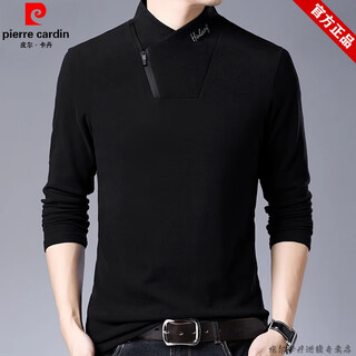 Pierre cardin brand pure cotton long-sleeved sweatshirt men's half turtleneck t-shirt double-sided velvet autumn and winter new solid color slim bottoming shirt trendy hl-19819 black 175/xl