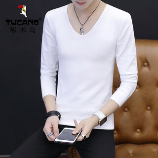 Woodpecker autumn long-sleeved t-shirt men's seamless thin pure cotton low-neck underwear autumn v-neck slim cotton inner layering shirt white 175/88a