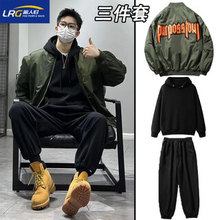 Li rengui american flight jacket men's cotton suit winter coat men's loose trendy cotton suit american baseball uniform three-piece set 822 suit green jacket + black sweatshirt + black sweater xl