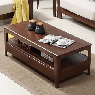 Nordic all solid wood coffee table living room small apartment simple modern home rectangular log tea table with drawers four-drawn walnut coffee table 120*60*45cm self-installation