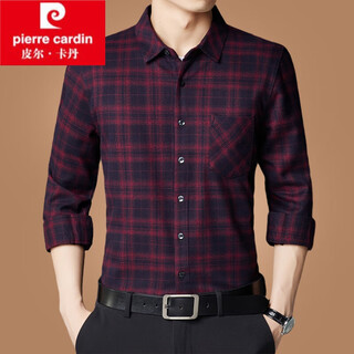 Pierre cardin's new pure cotton long-sleeved shirt men's middle-aged and elderly red plaid spring and autumn brushed pocket shirt knitted red yxy171 without velvet l 170
