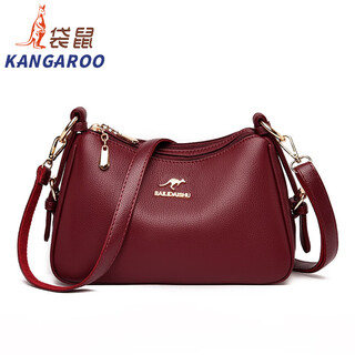 袋鼠（KANGAROO）真皮女包2025七夕妈妈包大容量百搭单肩斜挎包中老年软皮女包 酒红色