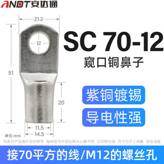 Andatong sc peek copper wire nose terminal short wire nose single pressure marine copper galvanized connector 70-12 (20 pieces)