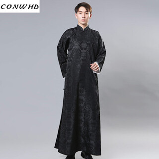 Conwhd cross talk gown deyun club performance clothing men's republic of china style chinese groomsmen dress robe tang suit stand collar gown black l weight 170-190jin jin is equal to 0.5 kg