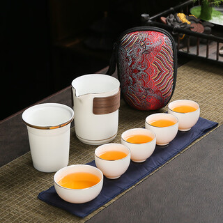 Qi qiu travel tea set, one pot and four cups, simple anti-scalding mutton-fat jade white porcelain portable ceramic quick cup tea set gold-painted mutton fat jade quick cup + red envelope