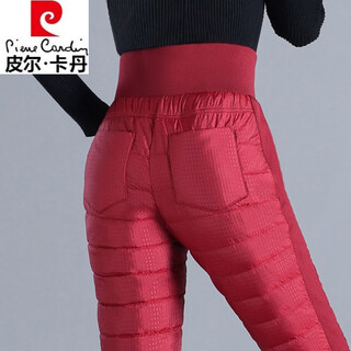 Pierre cardin brand women's down pants for women's outerwear, windproof, warm and slim-fitting, winter high-waisted fashionable women's cotton pants, burgundy-dark pattern 2xl 119-130jin jin equals 0.5kg