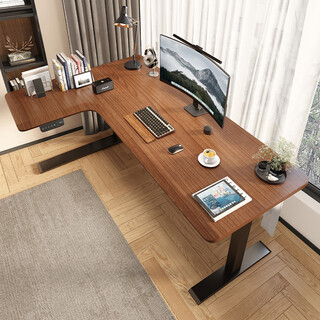 Solid wood electric lift table computer desk home study desk with drawers e-sports table desk workbench left corner/t leg walnut color solid wood countertop 160*110cm upgraded dual motors