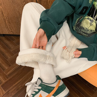 Poum casual pants men's lamb wool cotton pants autumn and winter style plus velvet thickened warm drawstring loose straight leg length bkeg-b28 white plus velvet style xl recommended weight 120-150jin jin equals 0.5 kg