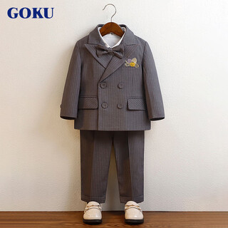 GOKU男童礼服秋冬婚礼花童马甲条纹款英伦小西装儿童周岁生日主持礼服 西装+裤子+马甲+衬衫+领结胸花 140