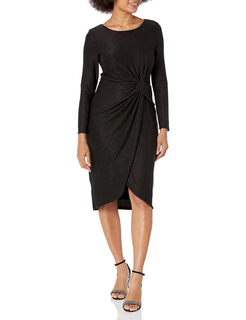 Adrianna papell women's metallic knit dress pleated waist square neck black 8