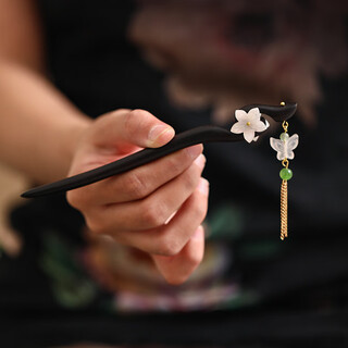Su shiliu's new chinese style hairpin for women, black sandalwood, ancient style hanfu hairpin, rocking plate hairpin, wooden hairpin for girlfriend new year's birthday gift, double-sided flower, butterfly tassel hairpin