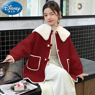 Disney girls' doll collar wool coat 2025 autumn and winter model for medium and large children thickened plush coat sweet style mid-length red velvet coat single piece 130cm