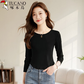 Woodpecker long-sleeved t-shirt bottoming shirt for women spring and autumn right shoulder round neck inner slim fit casual versatile top black l