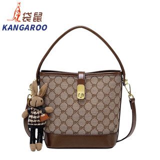 袋鼠（KANGAROO）女包包2025印花轻奢水桶包七夕时尚手提单肩包质感大容量斜挎包女 咖啡色