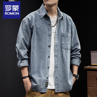 Romon denim shirt men's autumn outdoor heavy duty jacket spring and autumn american blue wear-resistant solid color top men z757 blue 2xl