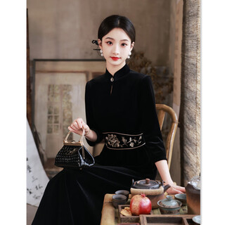 Du yanzhi fashion improved new chinese style long mid-sleeve cheongsam with big swing skirt autumn and winter new modern cheongsam skirt black l 100-110jin jin equals 0.5 kg