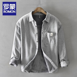 Romon shirt men's autumn and winter new style striped velvet thickened pattern long-sleeved shirt men's casual jacket top trend lx-z513 gray velvet xl