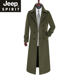 JEEP SPIRIT羊毛呢子大衣男士过膝加长款外套冬季新款商务休闲韩版修身双排扣 军绿色 S 165