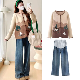 Ranqi mommy maternity jacket autumn and winter 2025 new fashion age-reducing knitted sweater cardigan lazy style suit autumn two-piece set brown sweater + retro blue jeans (set) l