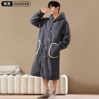 Jiao nan autumn and winter coral fleece nightgown men's hooded plus velvet thickened medium-length flannel large size robe pajamas bathrobe star gray nightgown men l 90-135jin jin equals 0.5kg loose version