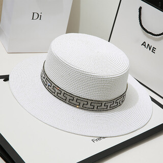 Rogosky 专柜潮牌帽子女水钻平顶草帽m标女沙滩出游帽时尚宽檐韩版百搭防晒亮片草帽礼帽轻奢原创 白色 M（56-58cm）