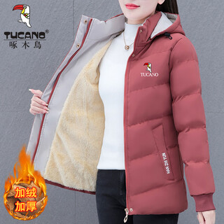 Woodpecker (tucano) women's winter new warm hooded jacket small cotton jacket plus velvet thickened cotton coat slimming middle-aged and elderly mother's wear brick red l recommended 95-110 jin jin equals 0.5 kg