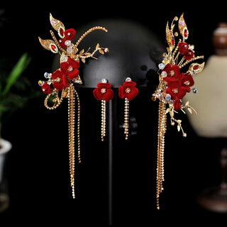 Shengli new new chinese style red velvet flower tassel headdress bride xiuhe clothing ancient style walking toast clothing hair accessories ancient style hanfu headdress set ear hook style