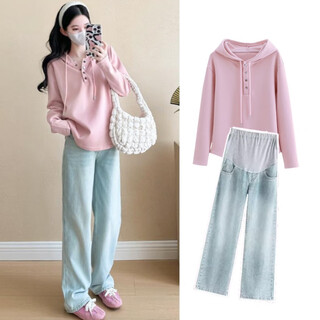 Ranqi mommy maternity clothing autumn new long-sleeved solid color hooded casual top belly-supporting denim trousers fashion two-piece set pink top + jeans (set) xl