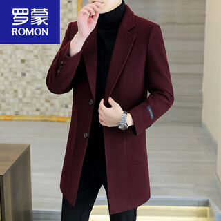Romon men's mid-length suit windbreaker, cotton and thickening, winter men's woolen coat, slim woolen coat, burgundy, cotton, thickened xl, recommended 150jin jin equals less than 0.5kg