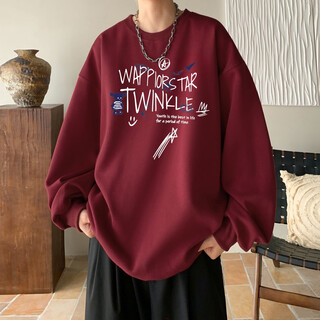 Stylish and stylish american high street hooded round neck sweatshirt men's tops autumn and winter velvet long-sleeved t-shirt with base layer burgundy (regular style) xl recommended (125-145jin jin equals 0.5kg)