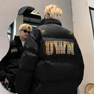 Poke american stand-collar cotton coat for men in winter new trendy brand printed thickened warm cotton coat loose versatile bread coat black xl recommended 130-150jin jin equals 0.5 kg