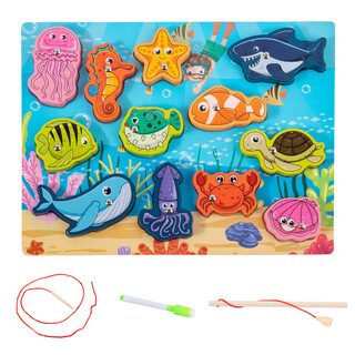 Children's wooden double-sided multi-functional matching board, rope drawing board, children's fishing string jewelry toy, marine biological model