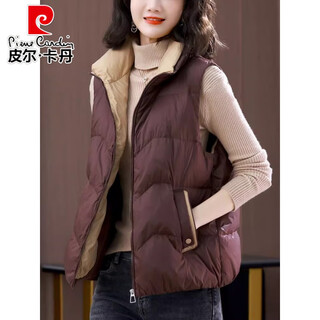 Pierre cardin knitted down jacket vest for women winter wear inside and outside 2025 new european goods large i size white duck down vest horse coffee color m recommended 95-105 jin jin equals 0.5 kg