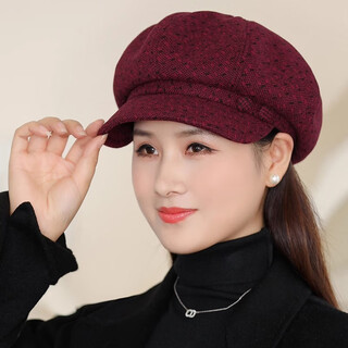 Jieyingshi spring and autumn hat women's octagonal hat korean style woolen middle-aged and elderly mothers warm beret autumn and winter burgundy