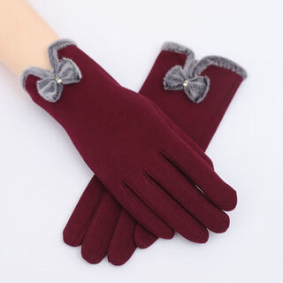 Aomeile touch screen plus velvet thickened cotton women's gloves women's autumn and winter warmth korean version cute cycling cycling students open butterfly burgundy