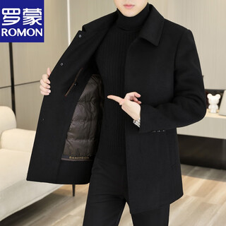 Luo meng winter goose down lining double-sided denim coat men's business casual woolen woolen windbreaker tunic jacket black xl 135~155jin jin equals 0.5 kg