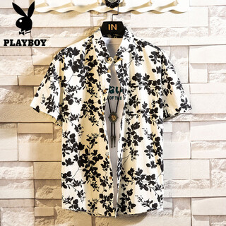 Playboy pure cotton floral short-sleeved shirt men's summer loose casual beach lapel half-sleeved shirt cardigan top no. 1037-8 2xl