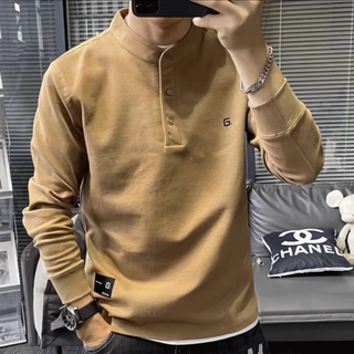 Kuraishi kazuki american henley collar long-sleeved t-shirt for men spring and autumn high quality handsome plus velvet casual bottoming top mustard yellow xl