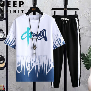 
JEEP SPIRIT Summer Teen Short Sleeve T-shirt Men 2025 New Style Boys Fashion Handsome High School Junior High School Student Sports Set 683 White (Short Sleeve + Long Trousers) XL