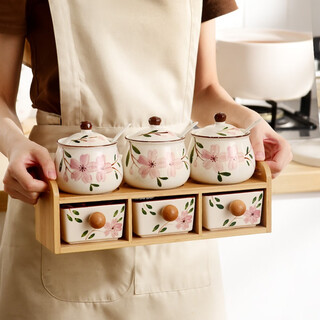 Duomeiran home kitchen seasoning box combination seasoning jar ceramic salt shaker seasoning jar set wooden frame double layer seasoning bottle jar