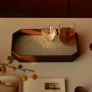 Four moon begonia flower glass tray rectangular fruit plate household tea set cup tray walnut color octagon