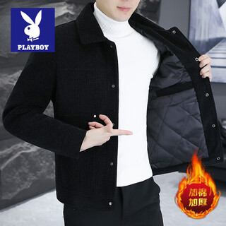 Playboy autumn and winter cotton thickened jacket men's trendy brand casual youth short top lapel handsome men's thick work jacket black l
