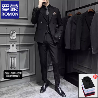 Romon suit men's double-breasted lapel business casual suit large size formal wedding groom slim british style black three-piece suit + white shirt free tie breast scarf 2xl (135-145jin jin is equal to 0.5 kg)