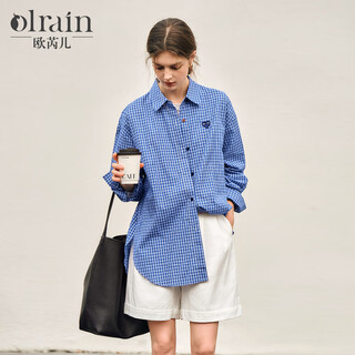 Olrain plaid shirt autumn women's loose commuting lazy style miu shirt tops blue plaid m