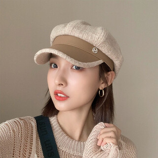 Changyin beret hat women's autumn and winter korean style trendy british retro letter stripe octagon newsboy painter hat oatmeal m (56-58cm)