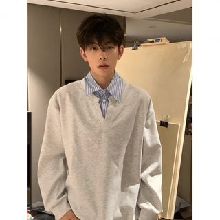 Shelley jones fake two-piece shirt collar heavyweight sweatshirt for men in autumn and winter plus velvet thickened loose japanese retro trendy brand top jacket gray regular xl recommended 125-145jin jin equals 0.5 kg